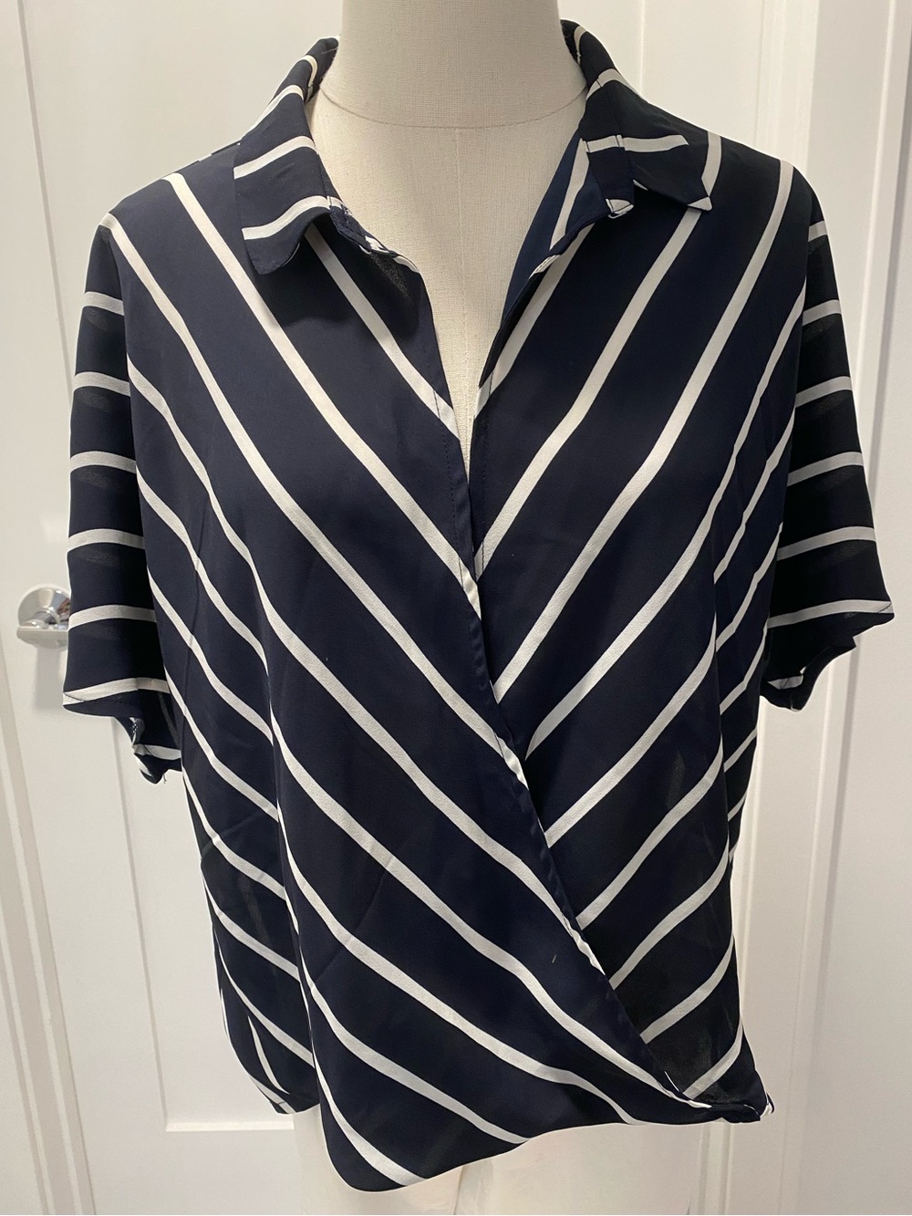 Forever 21 Navy and White Diagonal Stripe Wrap Blouse